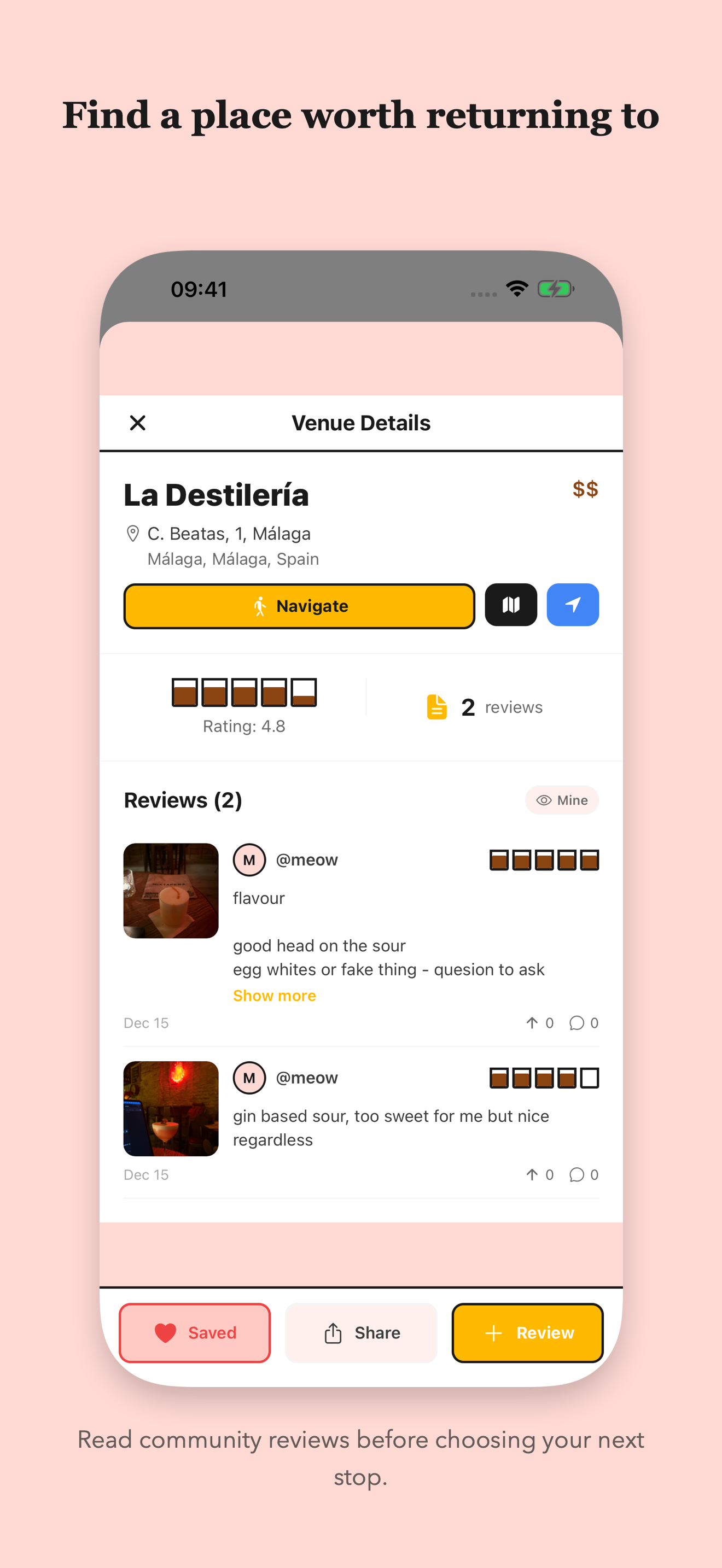 Venue details showing populated community reviews.