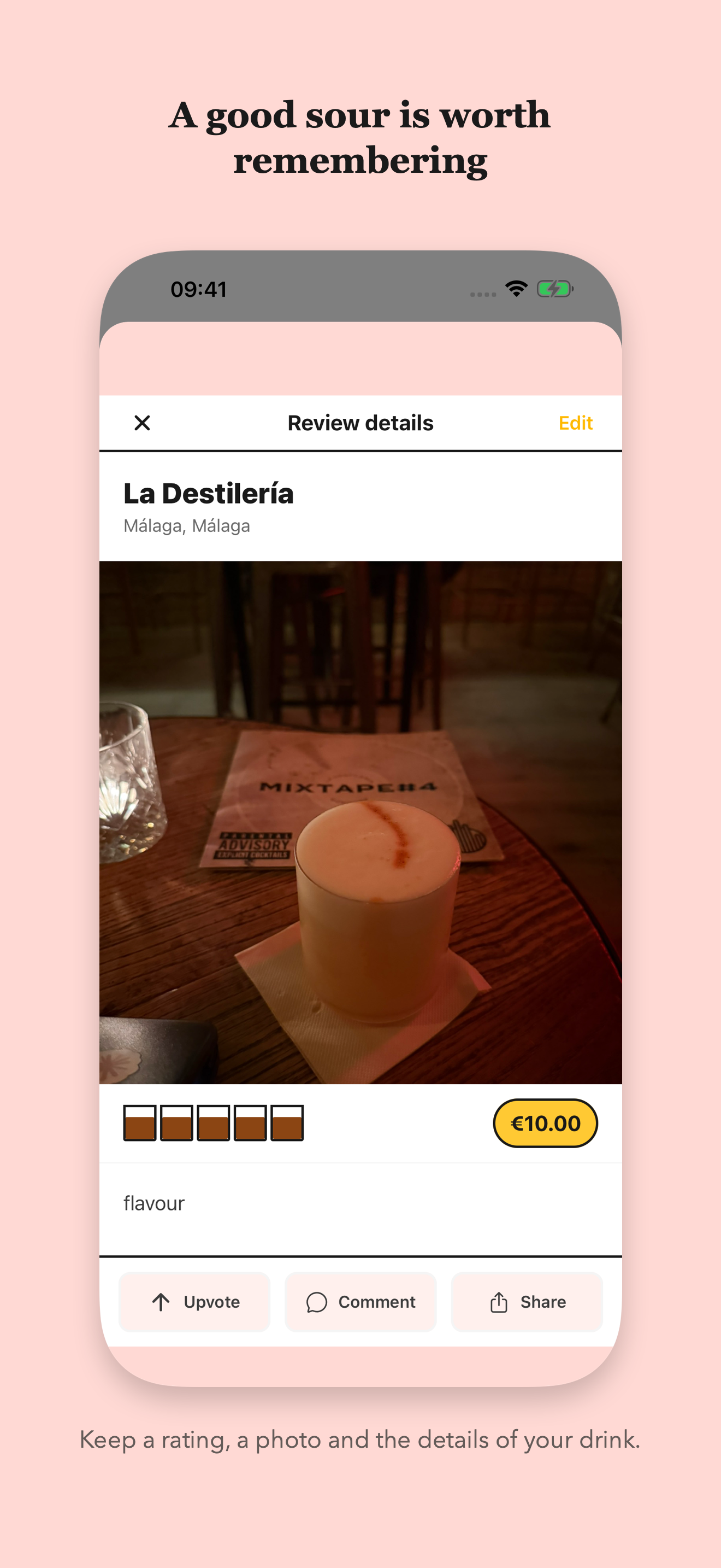 A saved whisky sour review with rating, tasting notes and photo.