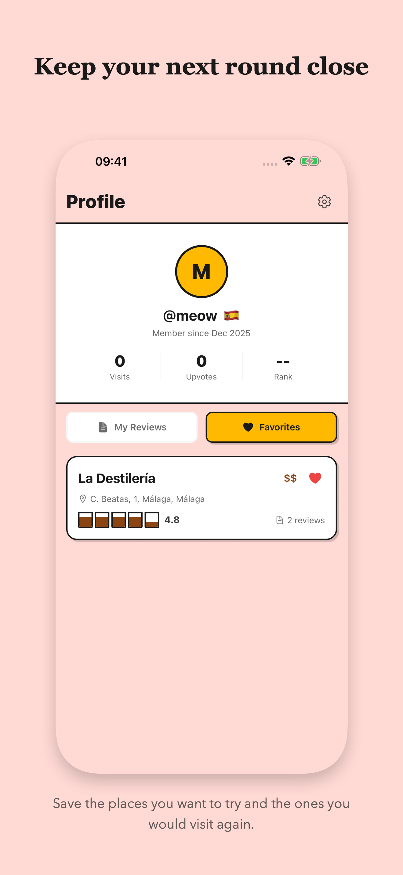 Saved places list showing La Destilería in Málaga.