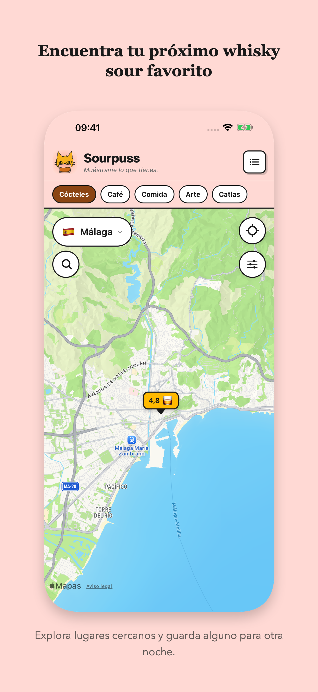 Mapa de Sourpuss con marcadores de lugares y búsqueda.