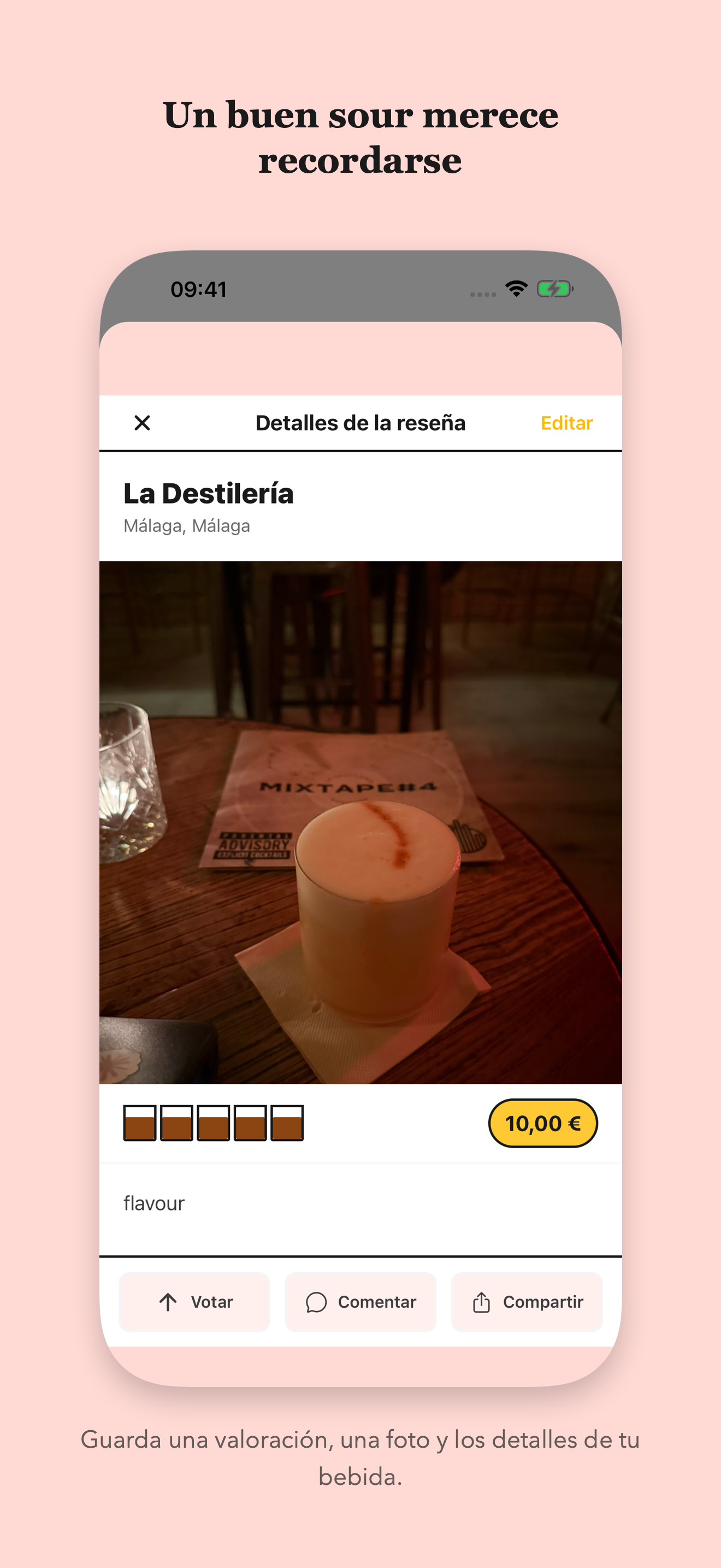 Reseña de un whisky sour con valoración, notas de cata y foto.
